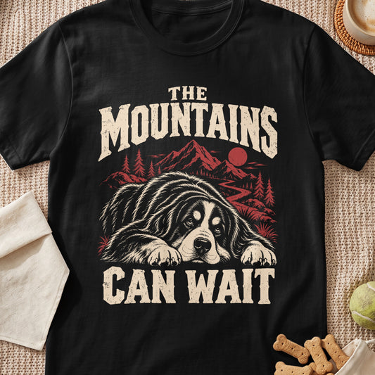 Black t-shirt with distressed print: a dog lying down with mountains and text.