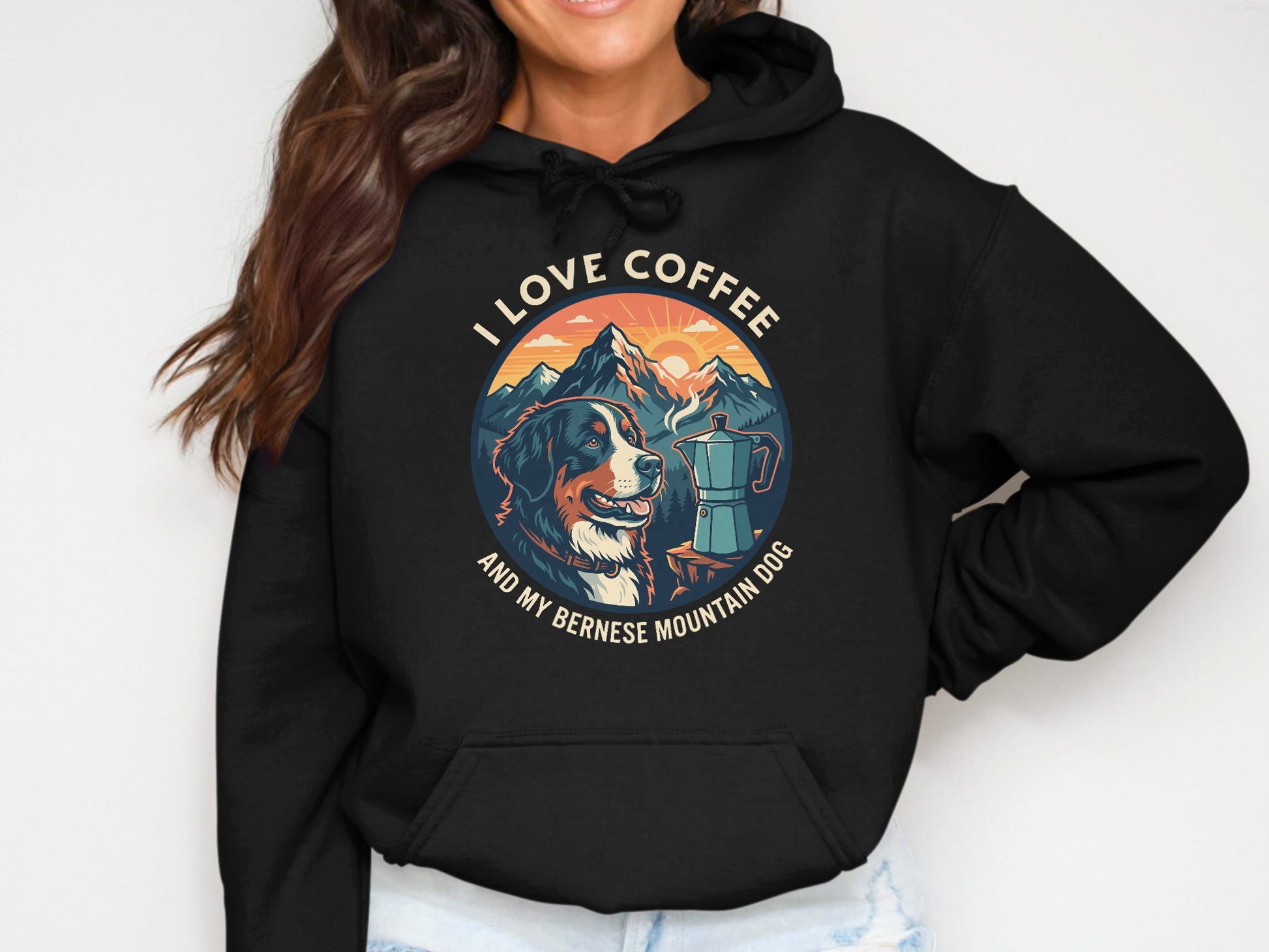 Bernese Mountain Dog with coffee maker and mountains graphic, text "I love coffee and my Bernese Mountain dog".