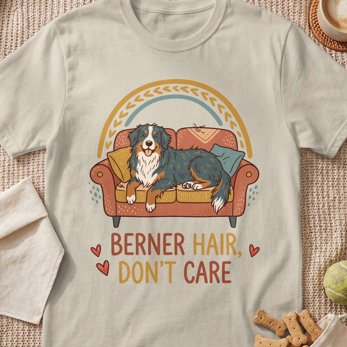 Berner dog on couch with text "BERNER HAIR, DON'T CARE" and rainbow graphic.