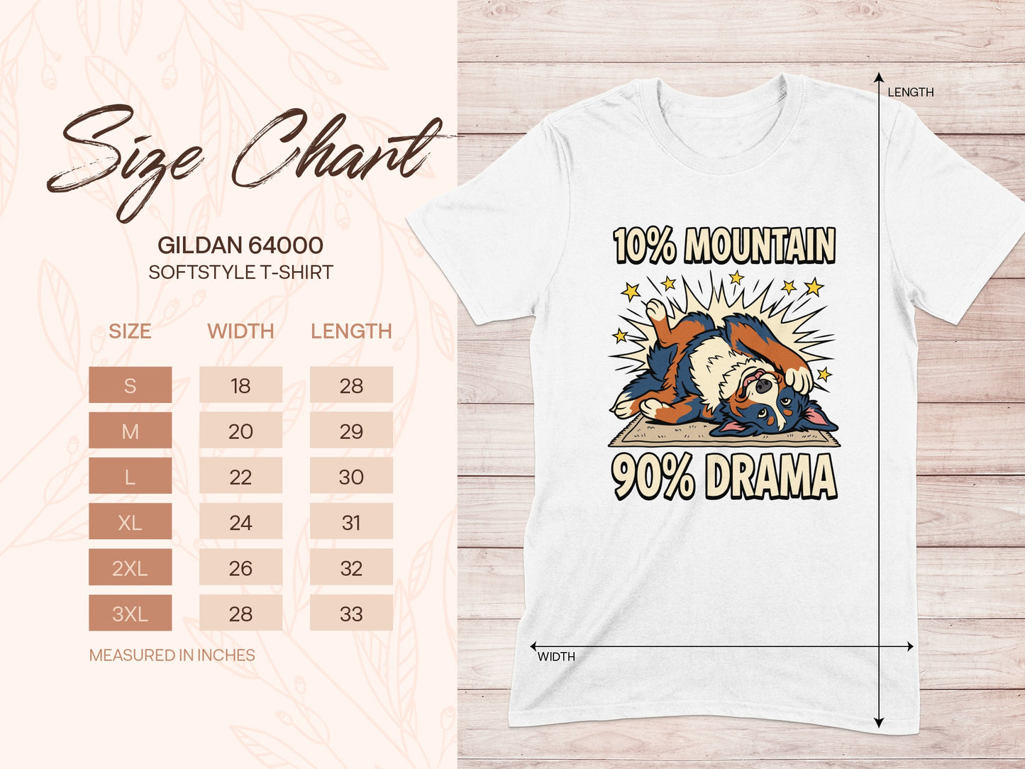 Gildan 64000 Softstyle t-shirt size chart showing width and length measurements.