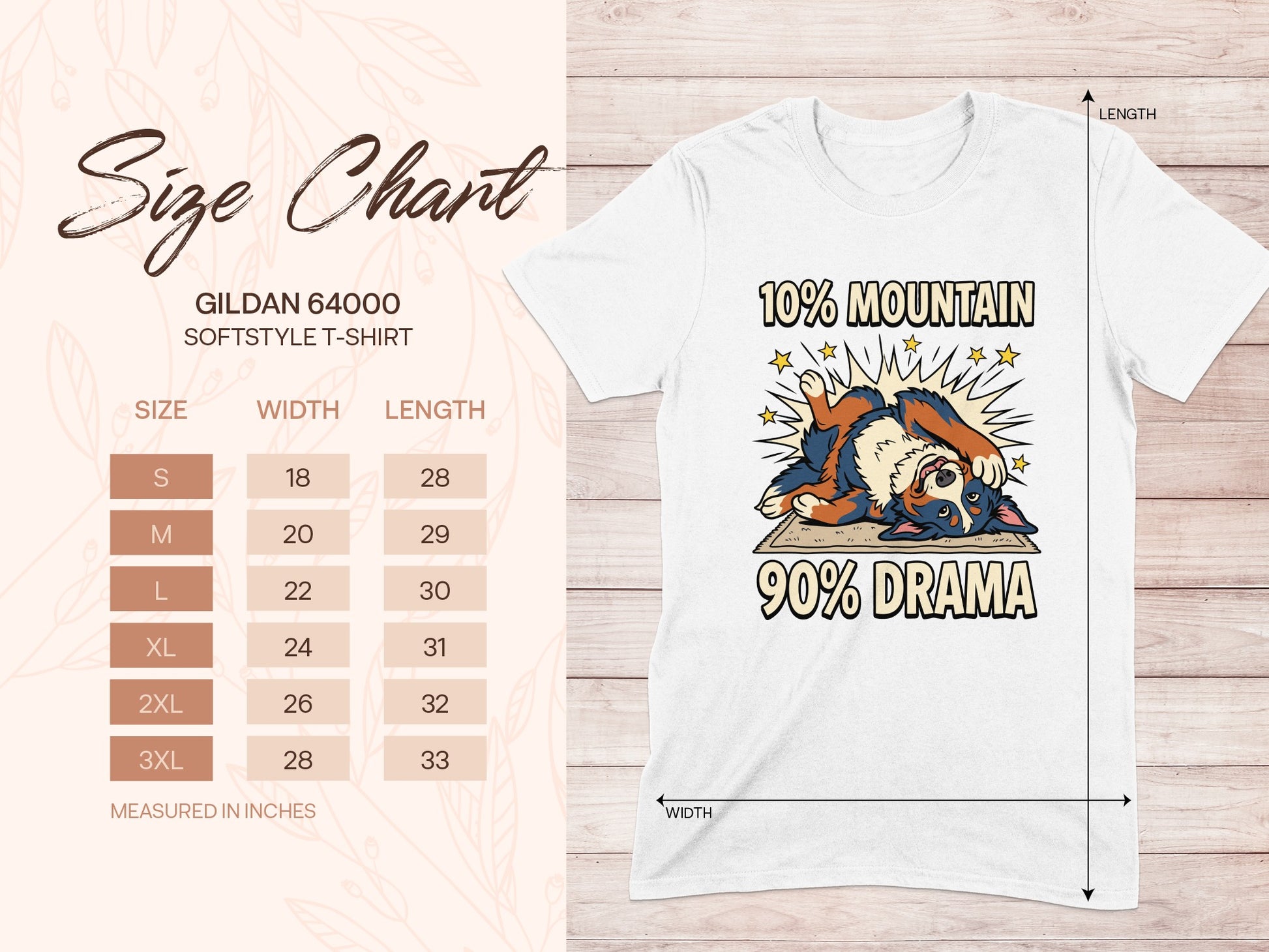 Gildan 64000 Softstyle t-shirt size chart showing width and length measurements.