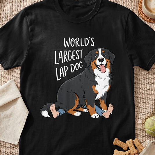 Bernese Mountain Dog with text "WORLD'S LARGEST LAP DOG" sitting on legs.