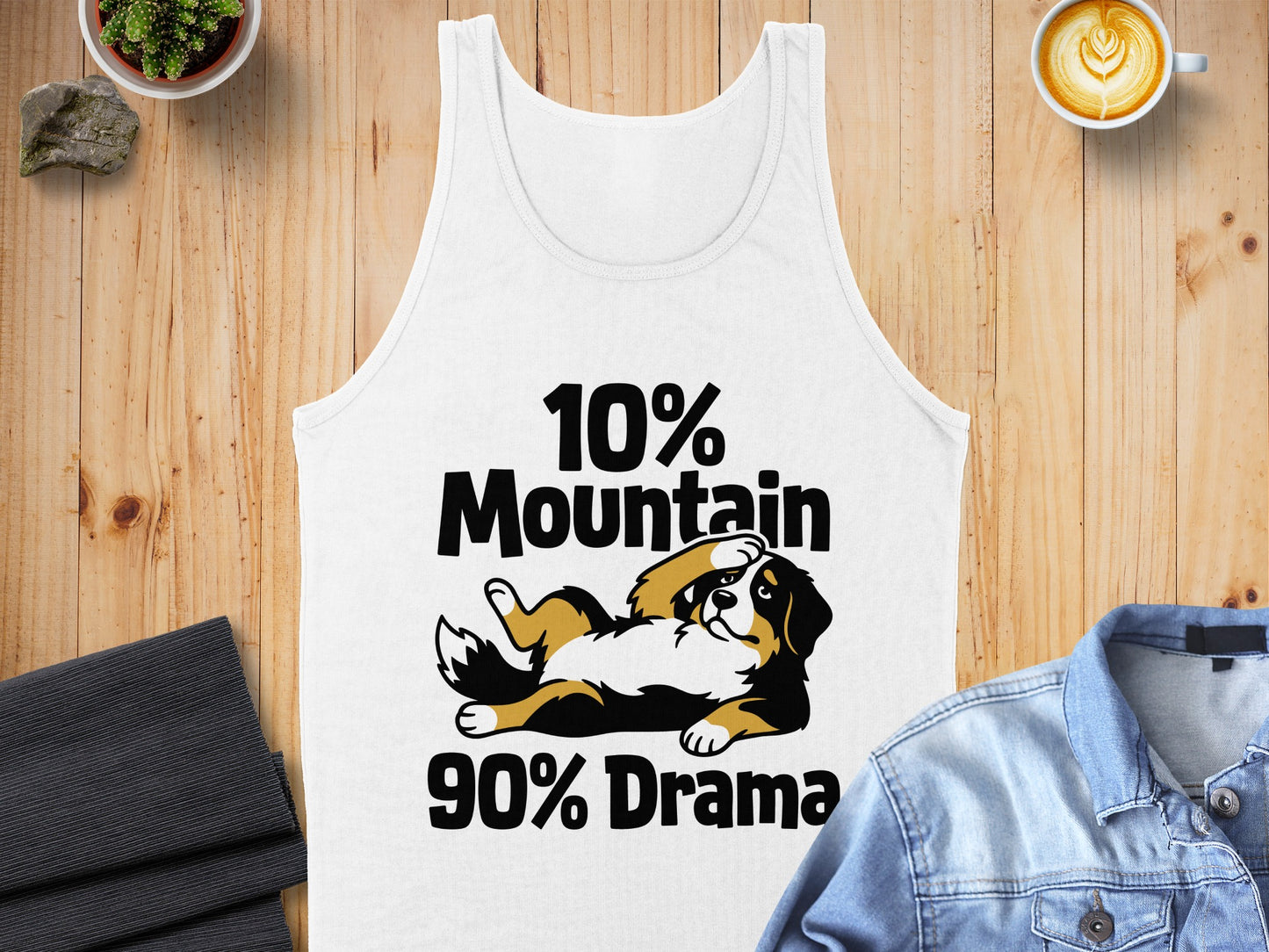 White tank top with black text and a drawing of a Bernese Mountain Dog.