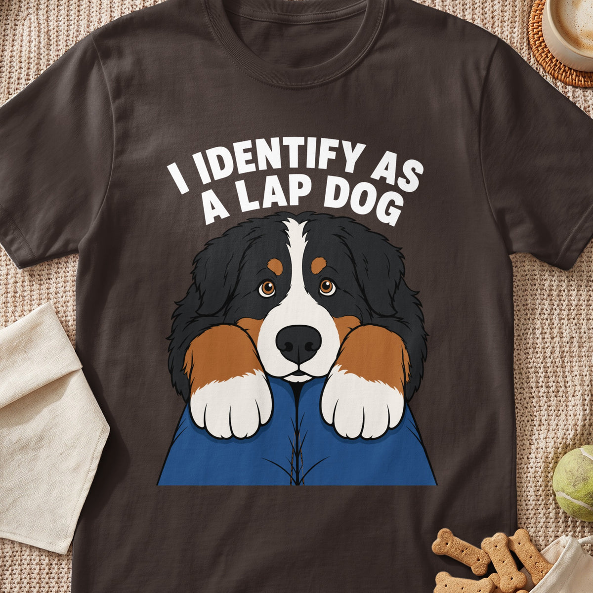 Bernese Mountain Dog on brown t-shirt says "I IDENTIFY AS A LAP DOG".