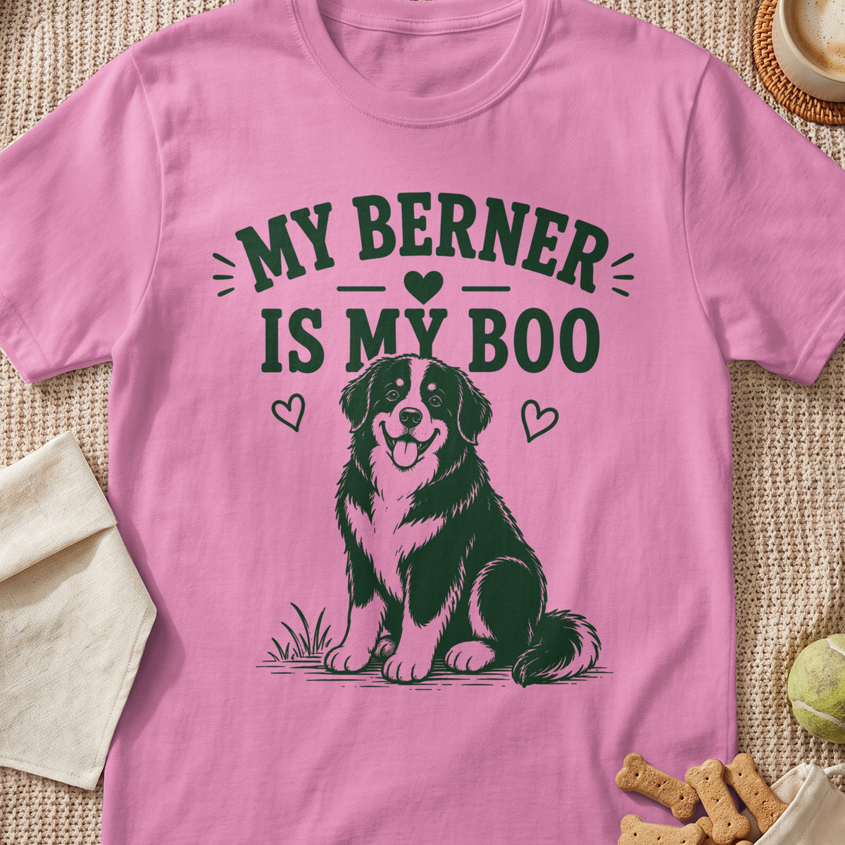 Pink t-shirt with "My Berner is my Boo" text and a Bernese Mountain Dog illustration.