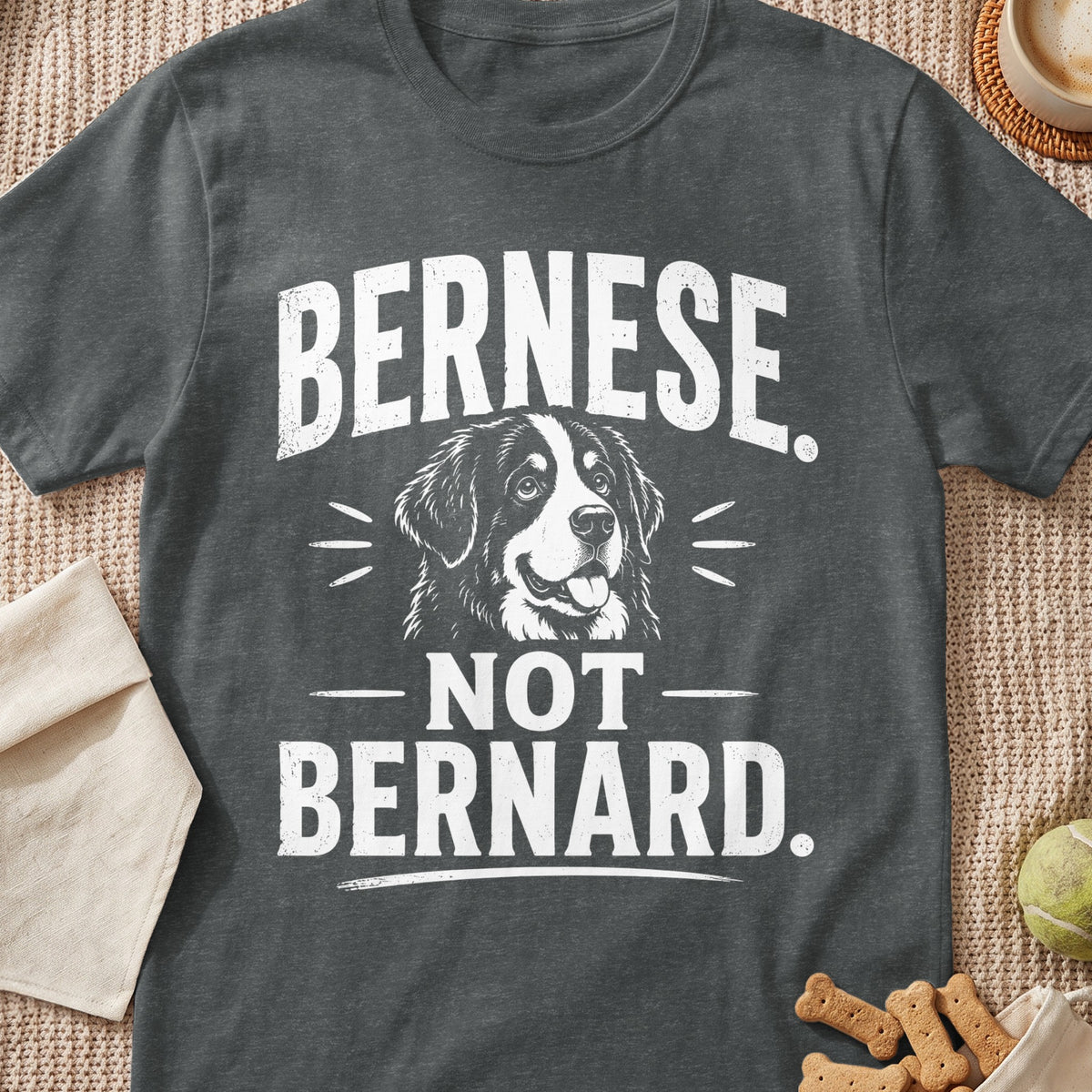 A dark grey t-shirt features white text reading Bernese not Bernard and an illustration of a Bernese Mountain Dog.