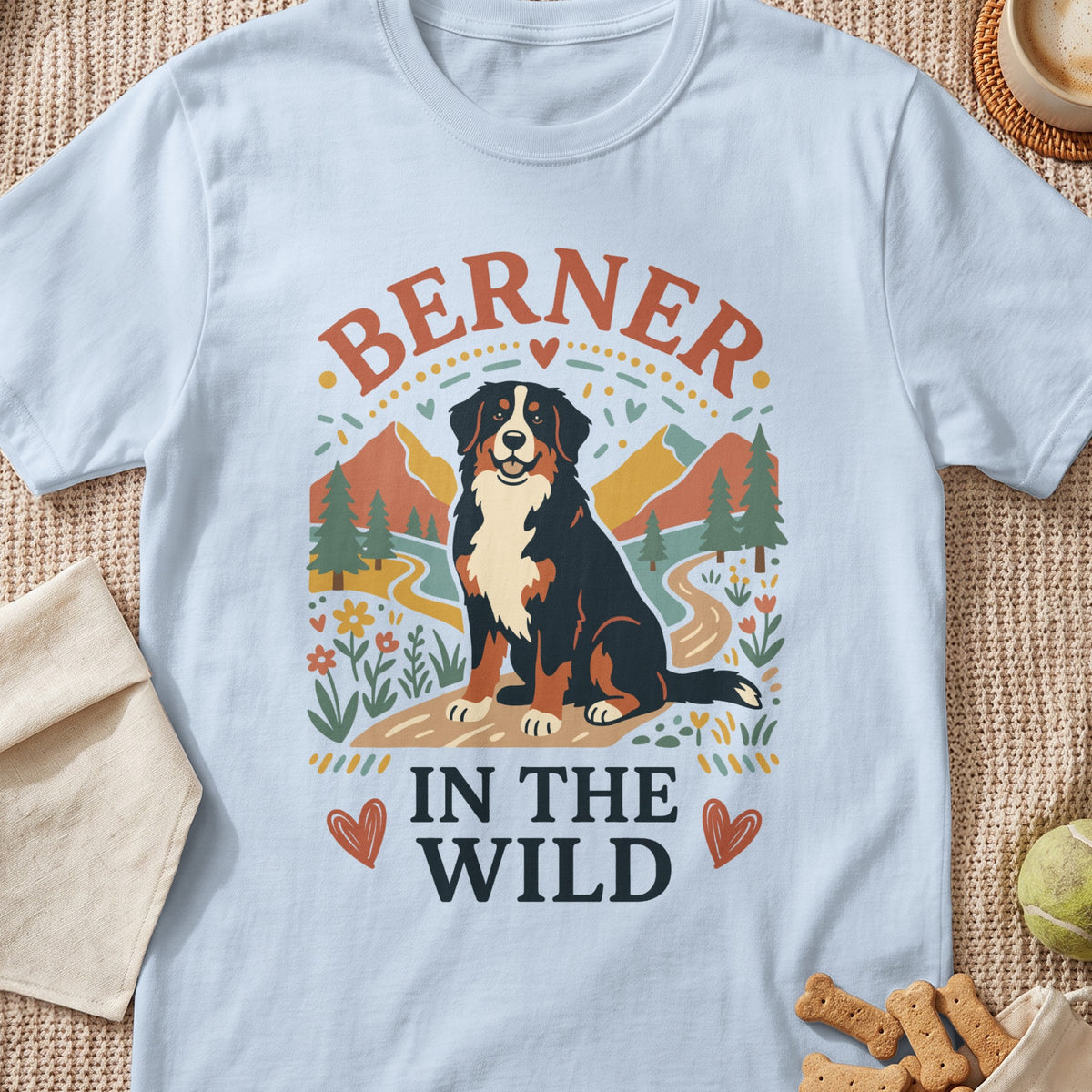 Light blue t-shirt with a Bernese Mountain Dog and text "BERNER IN THE WILD".