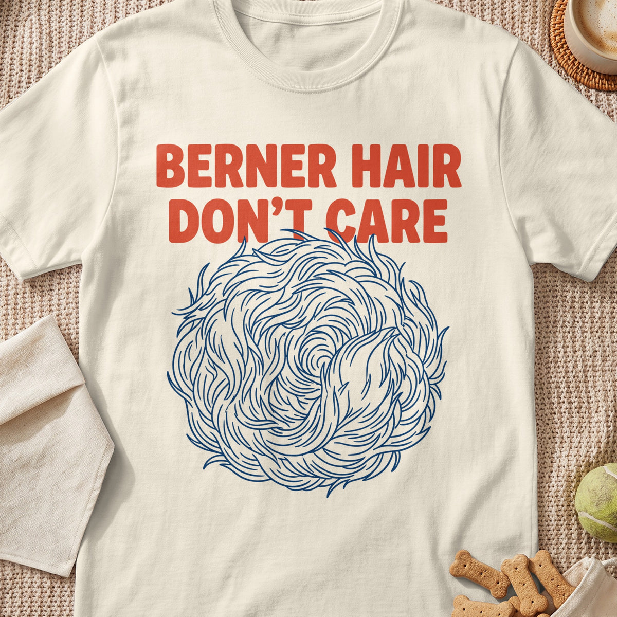 Cream t-shirt with red text "BERNER HAIR DON'T CARE" and a circular blue hair design.