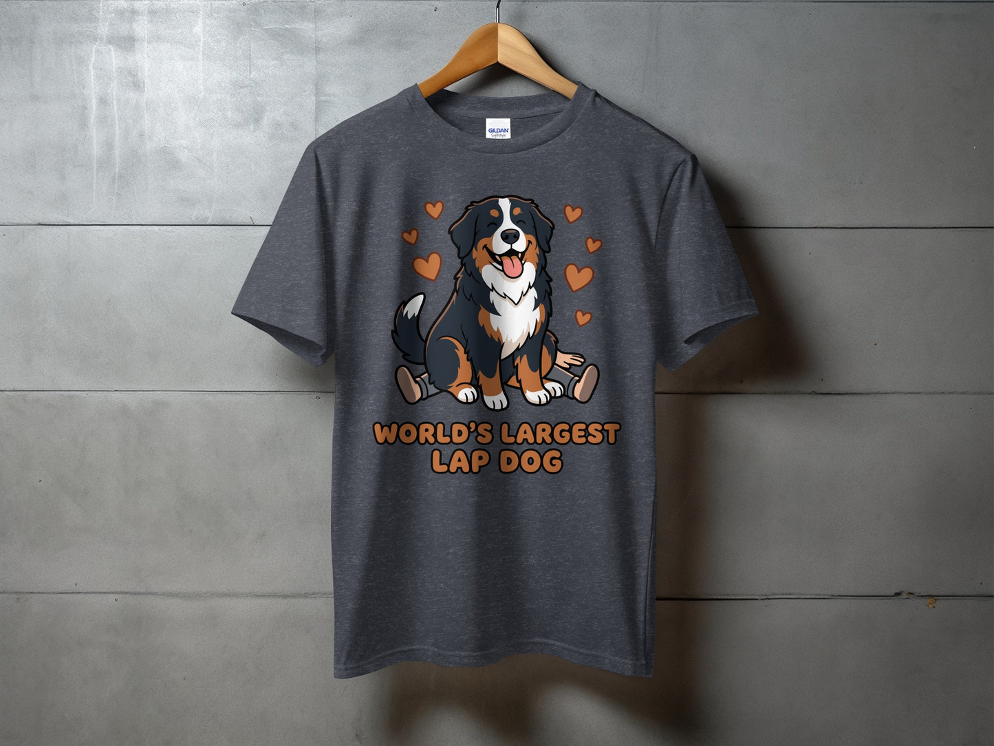 Dark grey t-shirt with cartoon Bernese Mountain Dog and "World's Largest Lap Dog" text.