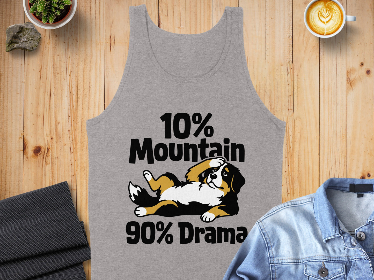 Gray tank top with a Bernese dog graphic and "10% Mountain 90% Drama" text.