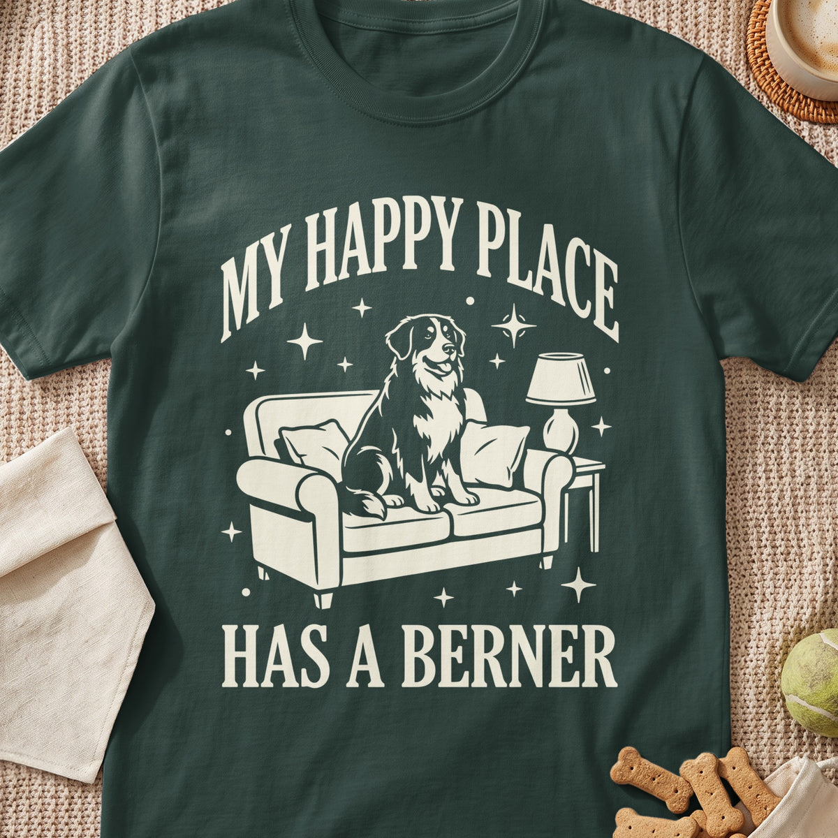 Bernese Mountain Dog sitting on couch with text "My Happy Place Has a Berner".