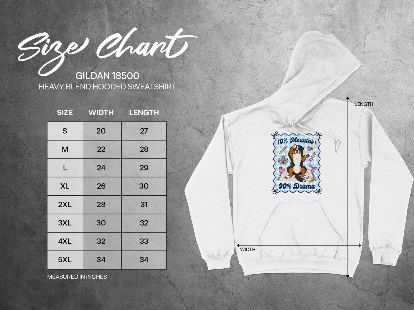 Gildan 18500 Heavy Blend Hooded Sweatshirt size chart with Bernese Mountain Dog graphic.