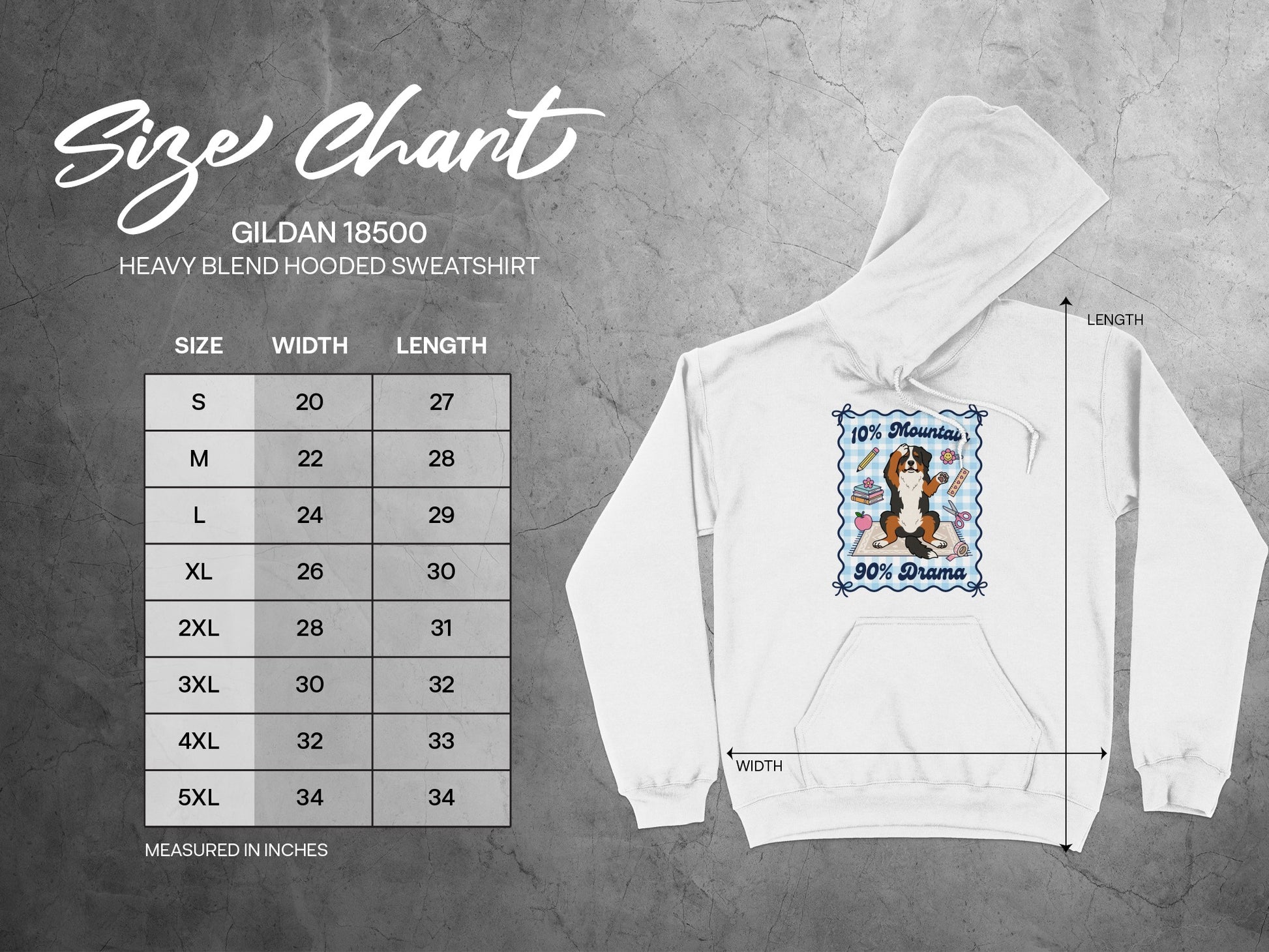 Gildan 18500 Heavy Blend Hooded Sweatshirt size chart with Bernese Mountain Dog graphic.
