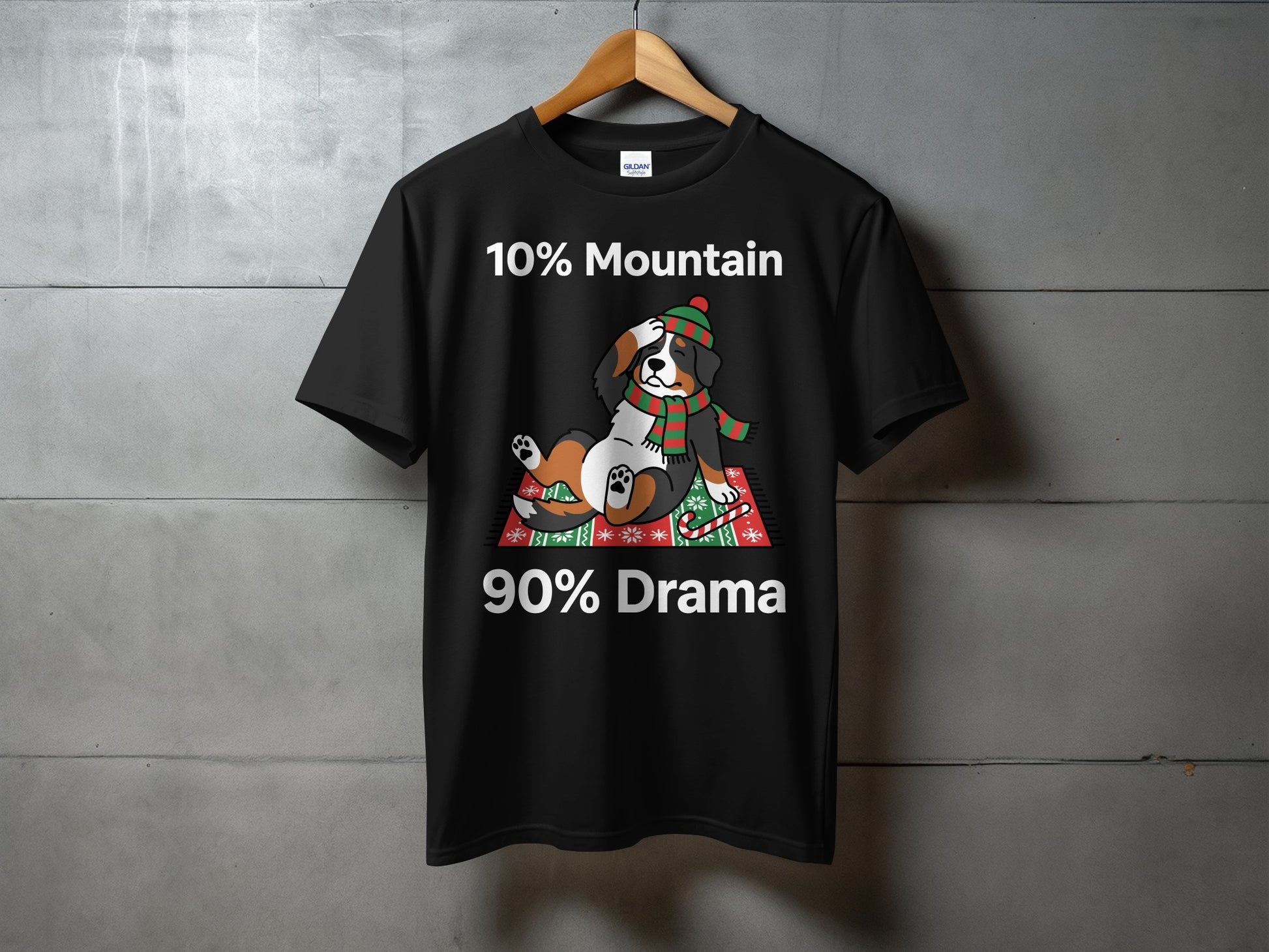 Black t-shirt with "10% Mountain 90% Drama" and a dog graphic.