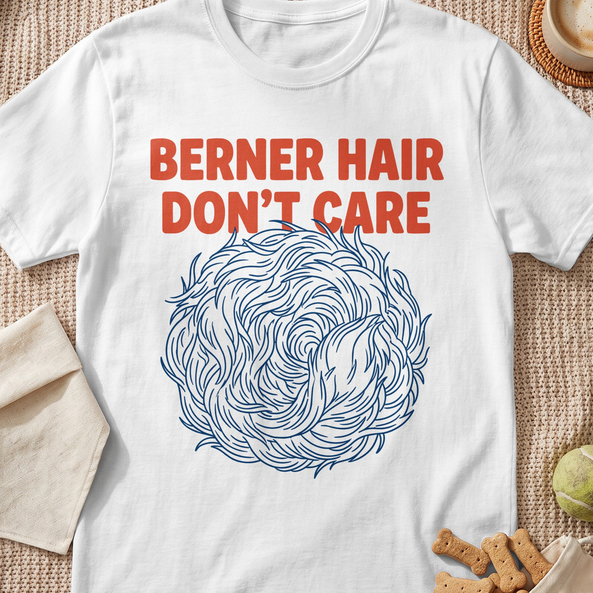 White t-shirt with red text "BERNER HAIR DON'T CARE" above a blue line drawing of fur.