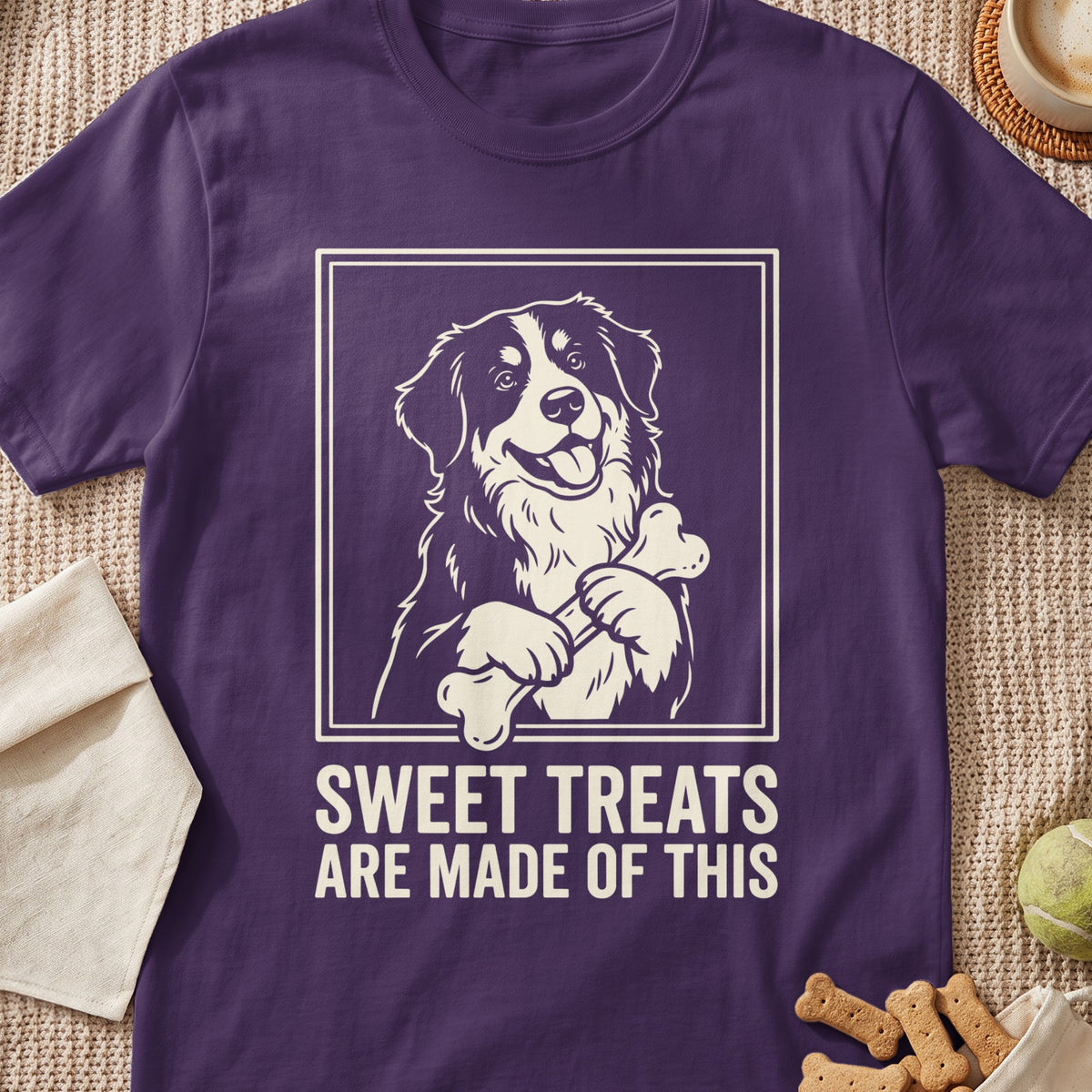 Purple t-shirt with Bernese Mountain Dog graphic and "SWEET TREATS ARE MADE OF THIS" text.