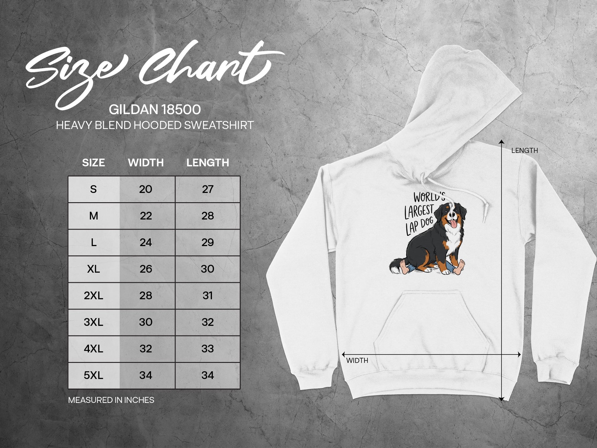 Gildan 18500 hooded sweatshirt size chart with measurements in inches.