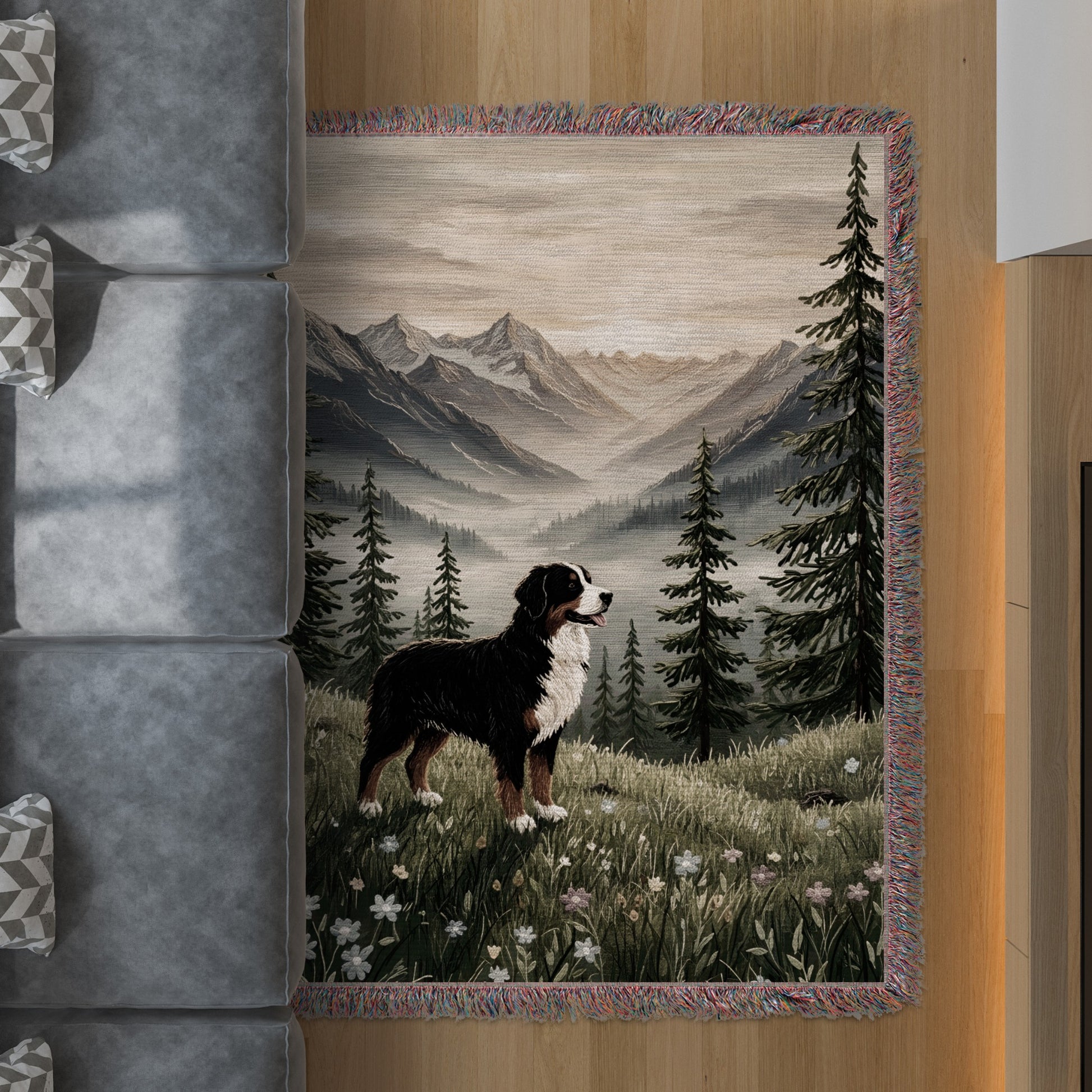 Mountain Landscape Rug With Dog Design