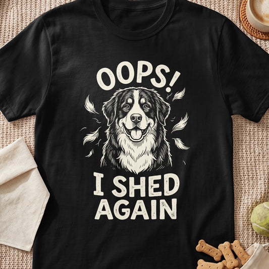 Black t-shirt with "Oops! I shed again" and a dog graphic.