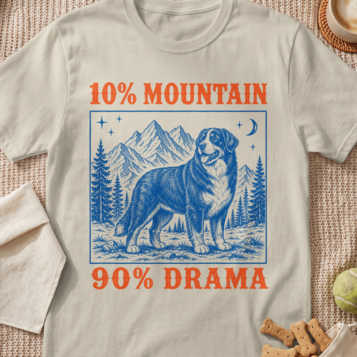 Shirt with a dog, mountains, and text reading "10% MOUNTAIN 90% DRAMA".