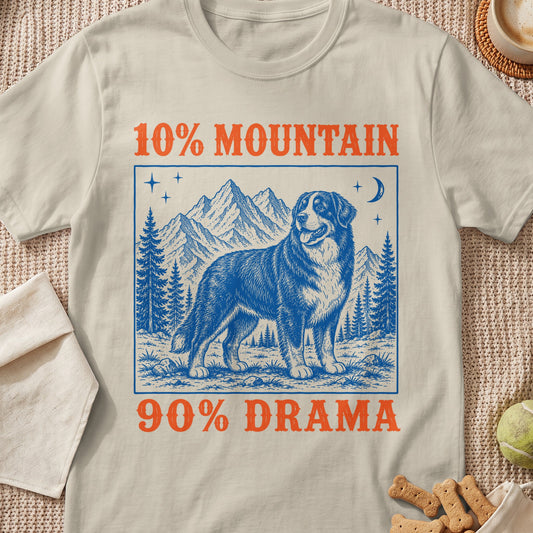 Shirt with a dog, mountains, and text reading "10% MOUNTAIN 90% DRAMA".