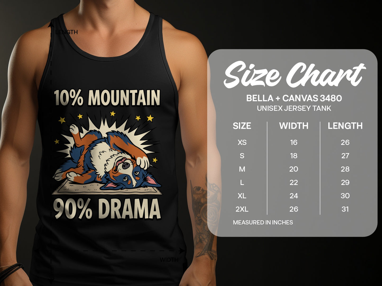 Black tank top with dog graphic: "10% Mountain 90% Drama" and size chart.