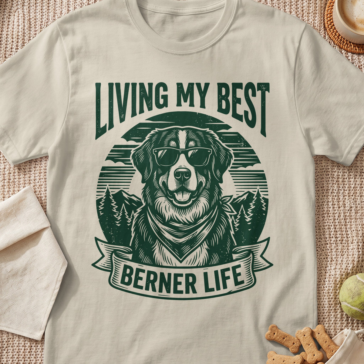Bernese Mountain Dog wearing sunglasses with text "Living My Best Berner Life."