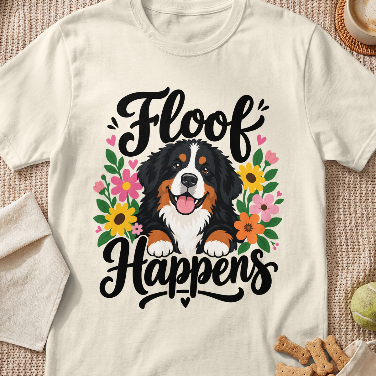 Bernese Mountain Dog graphic with text "Floof Happens" and flowers on a t-shirt.
