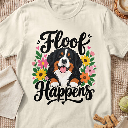 Bernese Mountain Dog graphic with text "Floof Happens" and flowers on a t-shirt.