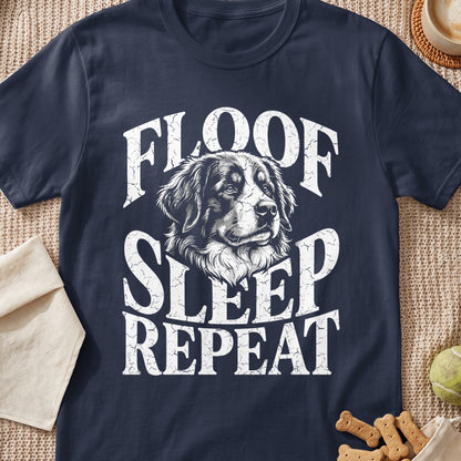 Navy t-shirt with white text and a dog graphic that reads "Floof Sleep Repeat".