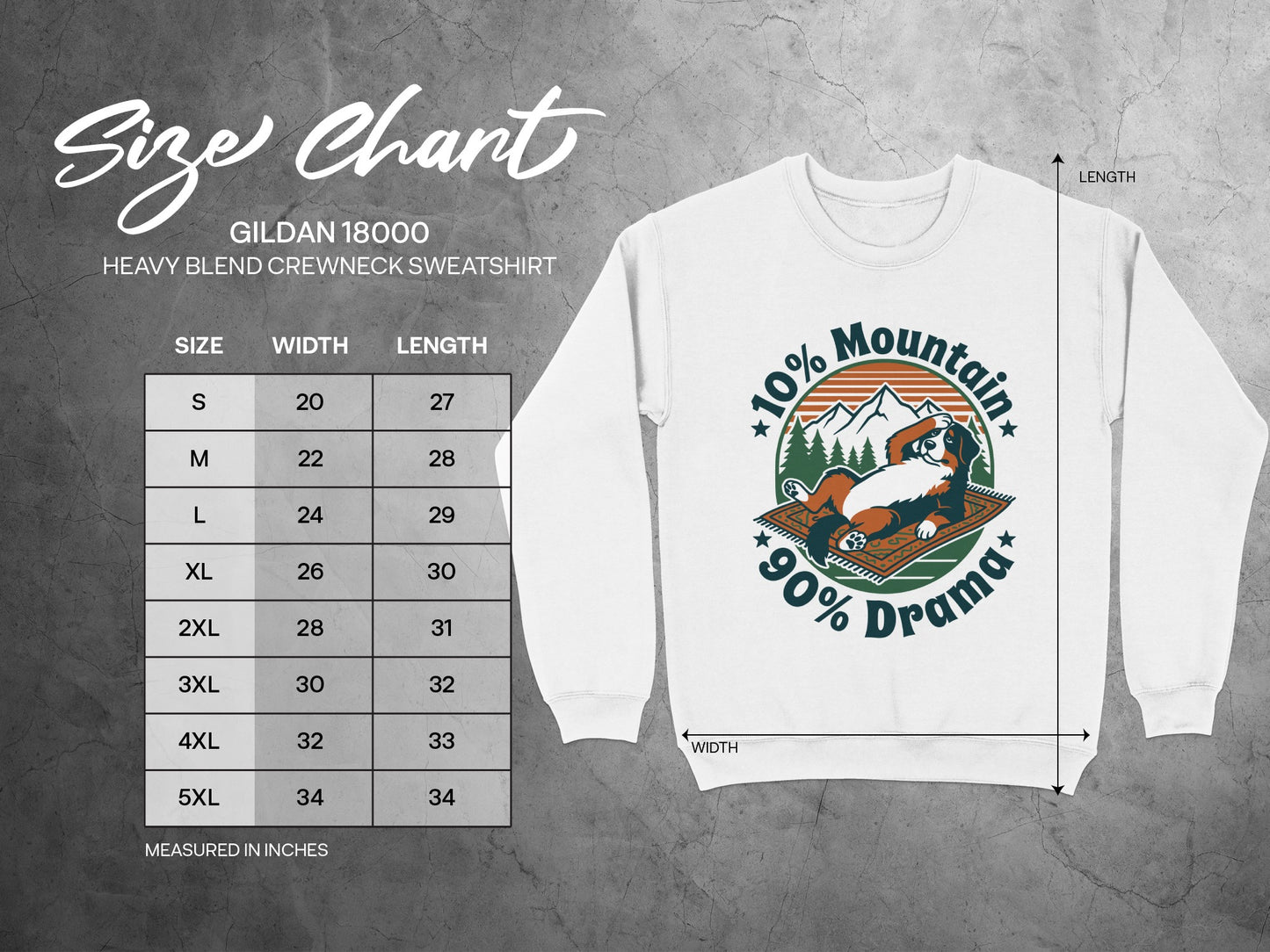 Gildan 18000 size chart for heavy blend crewneck sweatshirt with width and length measurements.