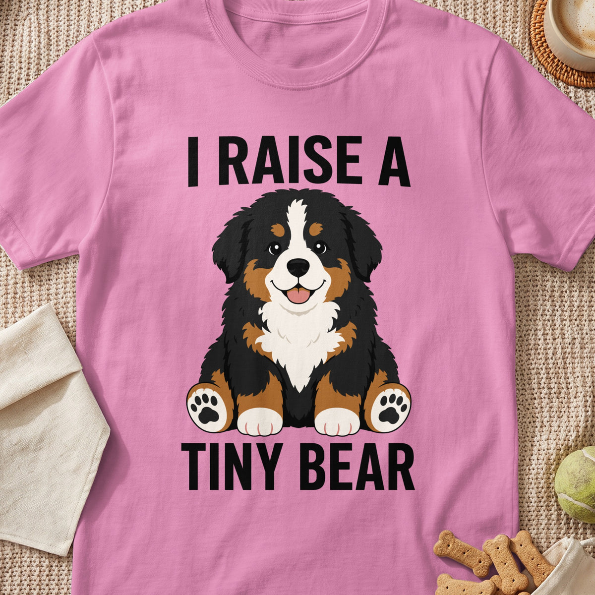 Pink t-shirt with text "I RAISE A TINY BEAR" and a Bernese Mountain Dog puppy graphic.