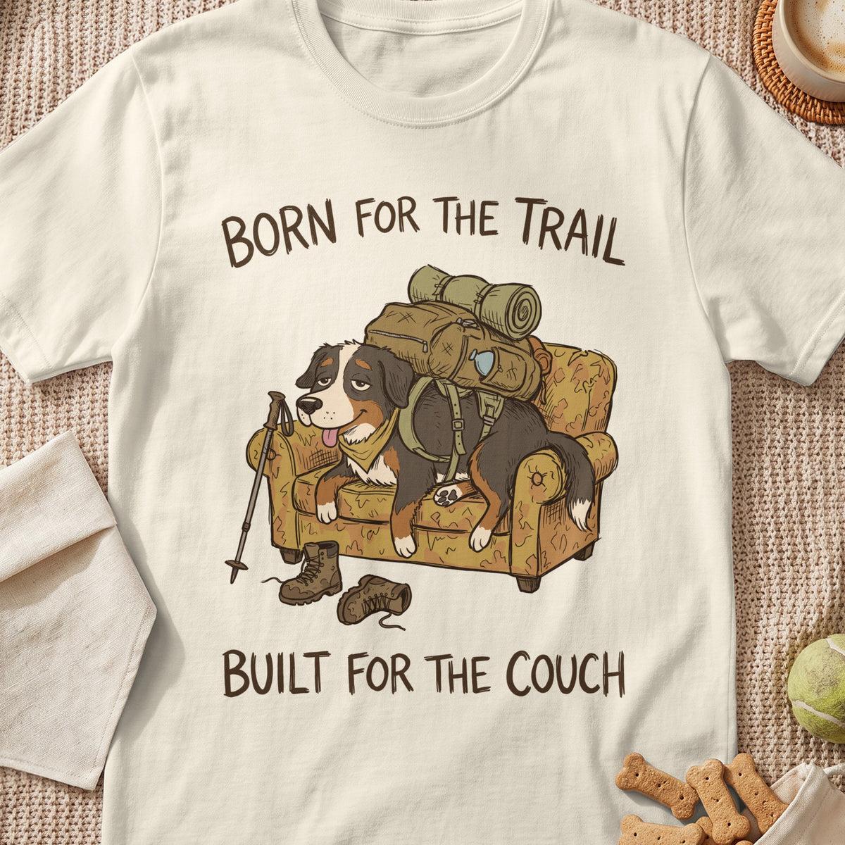 Bernese Mountain Dog wearing backpack on couch with text "Born for the Trail, Built for the Couch".