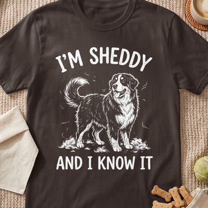 T-shirt with a black Bernese Mountain Dog illustration and text "I'M SHEDDY AND I KNOW IT".
