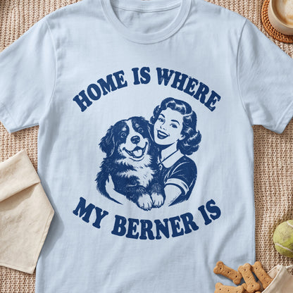 Graphic tee with vintage illustration of woman hugging a Bernese Mountain Dog and text: Home is where my Berner is.