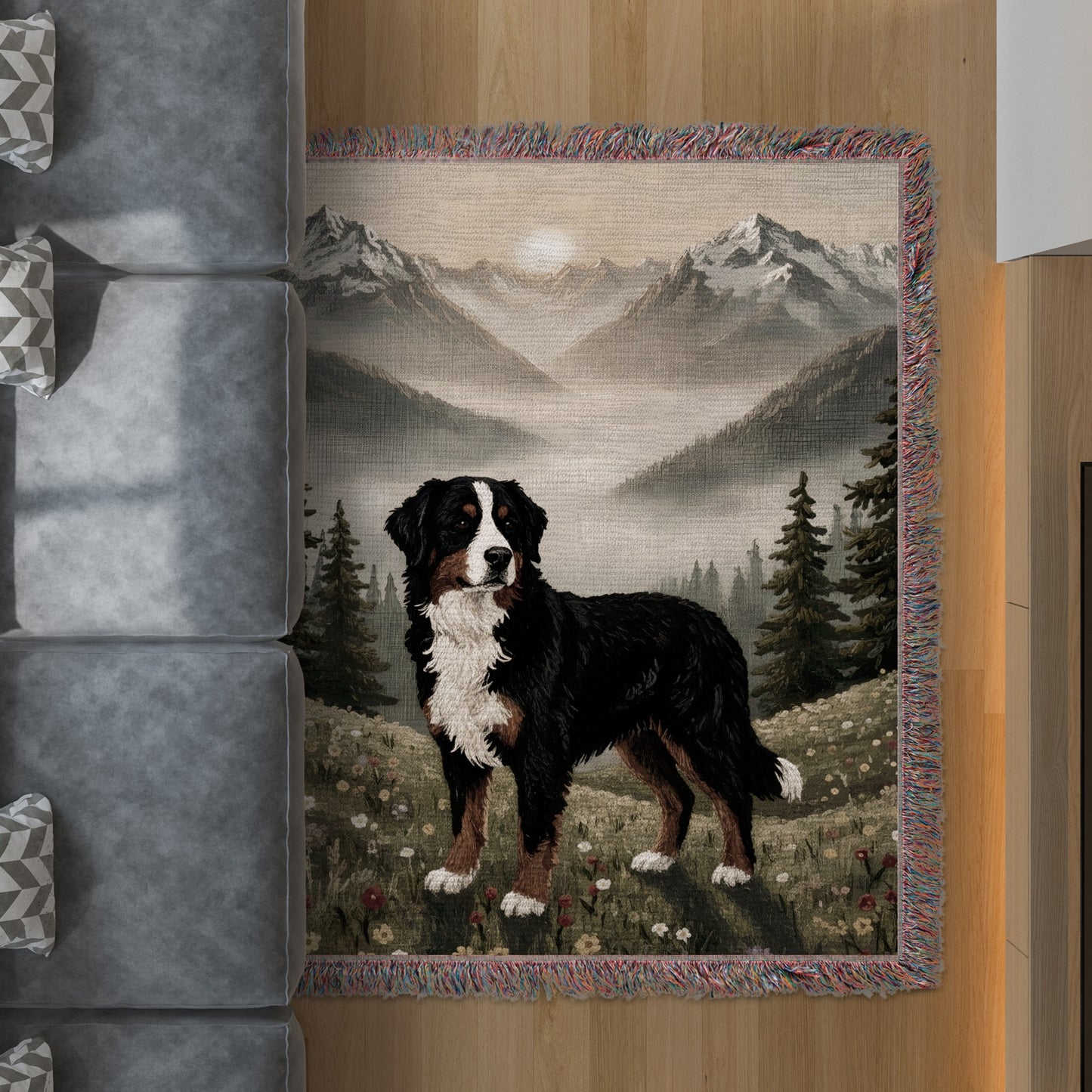 Bernese Mountain Dog in Mountain Scene Rug