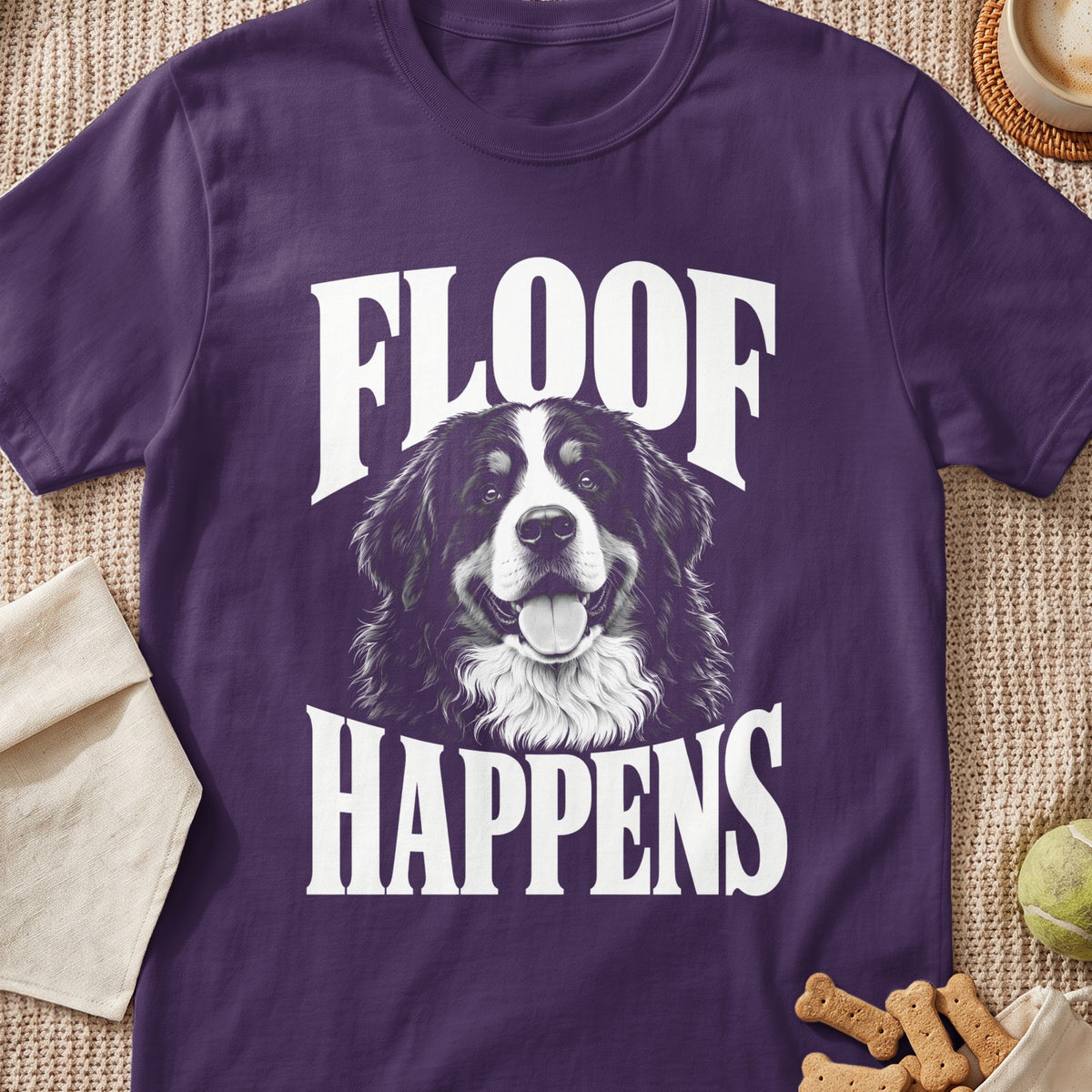 Purple t-shirt with Bernese Mountain Dog and text "FLOOF HAPPENS".