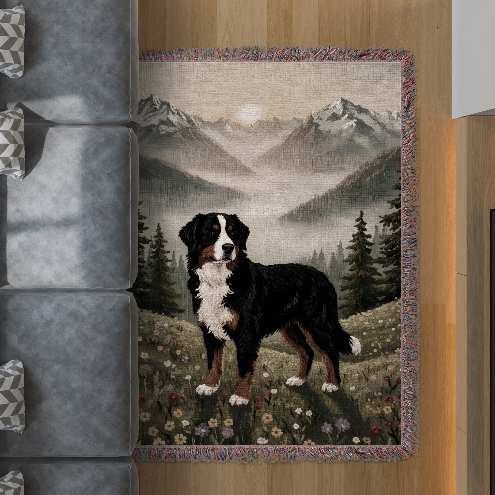 Beautiful Bernese Mountain Dog in Scenic Rug