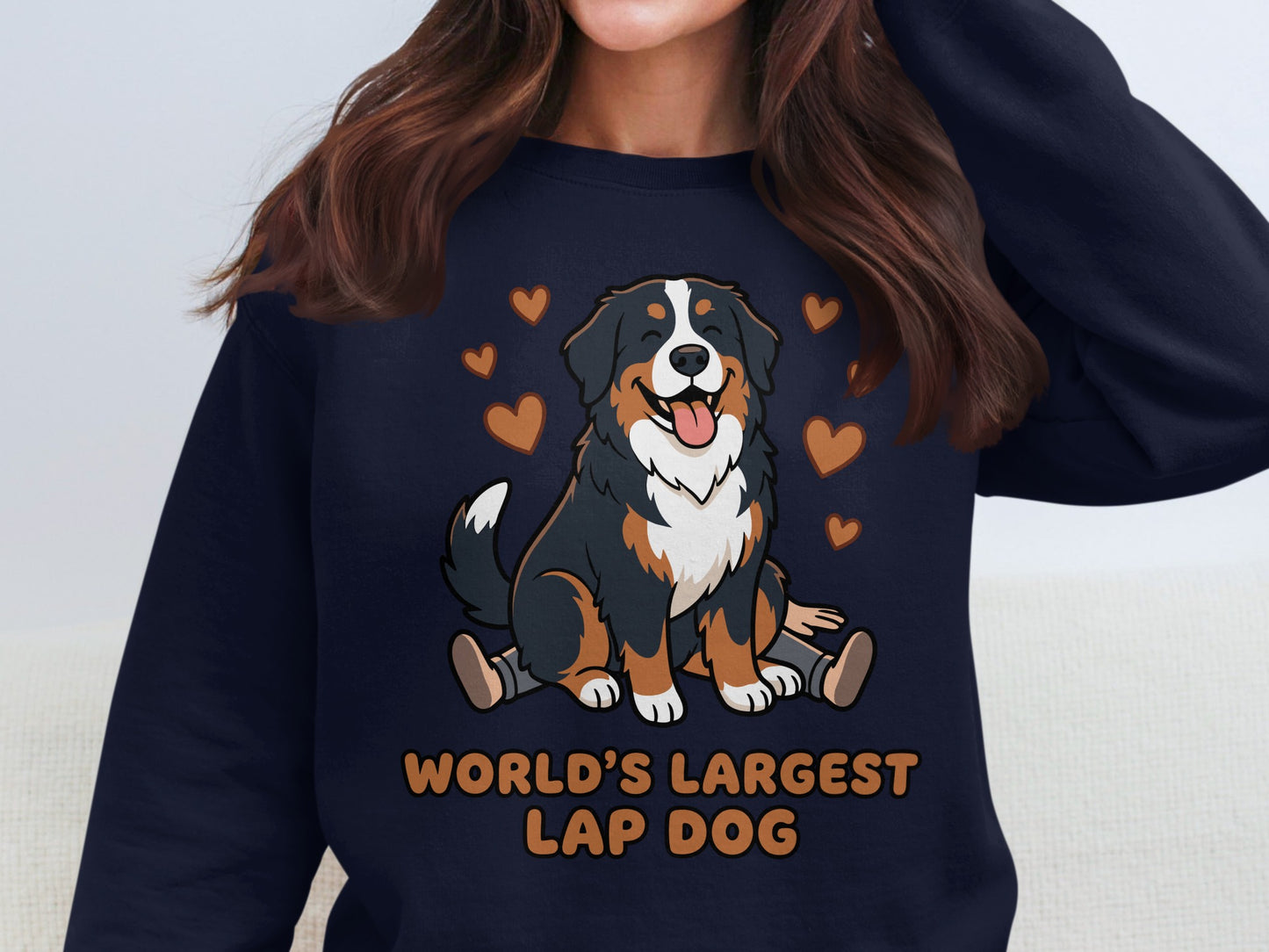 Bernese Mountain Dog graphic with text "World's Largest Lap Dog" surrounded by hearts.