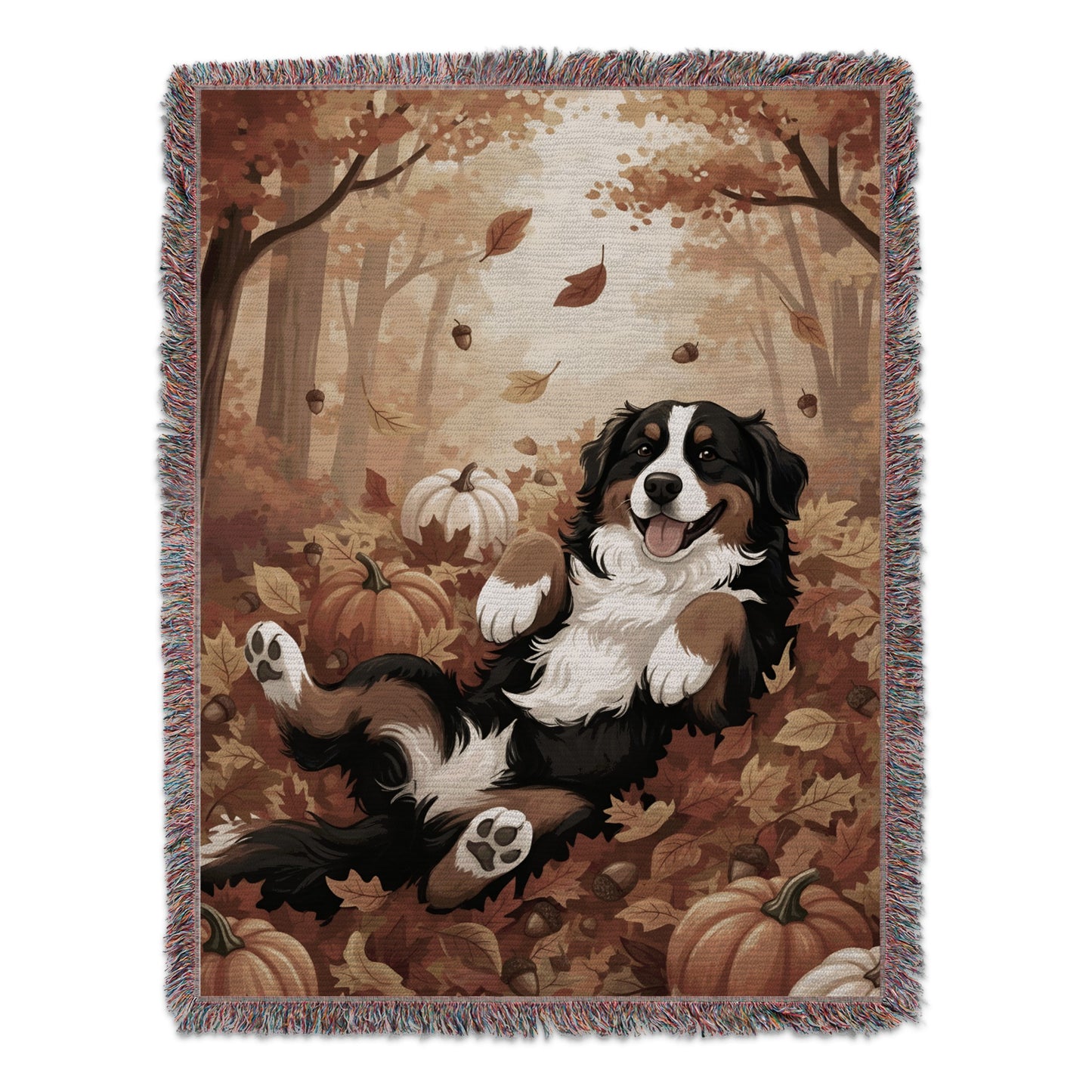 Cozy Autumn Dog in Pumpkin Patch Woven Blanket