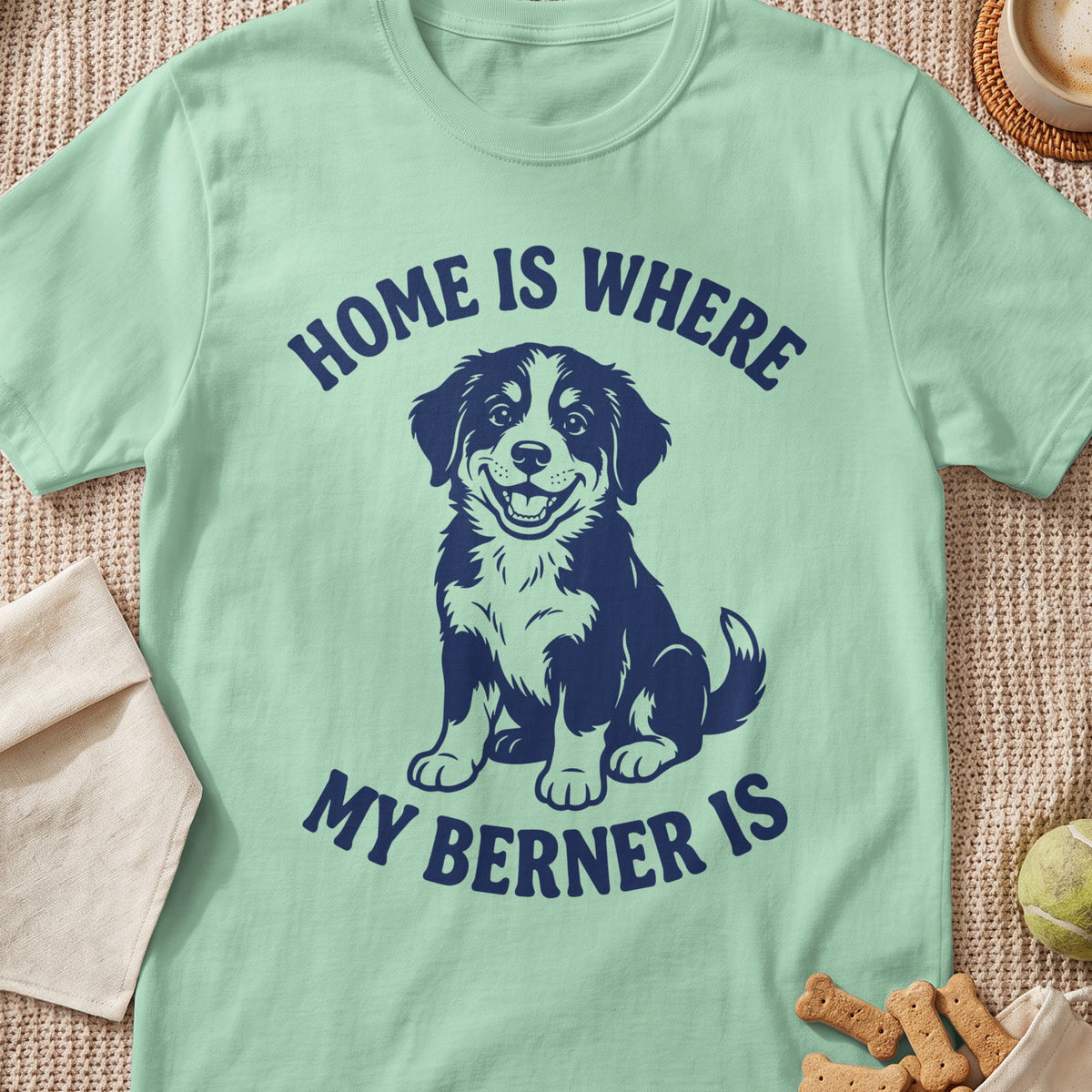 Light green t-shirt with a dark blue graphic of a dog and text.