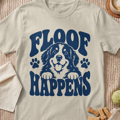 Cream t-shirt with dark blue "Floof Happens" text and Bernese Mountain Dog graphic.