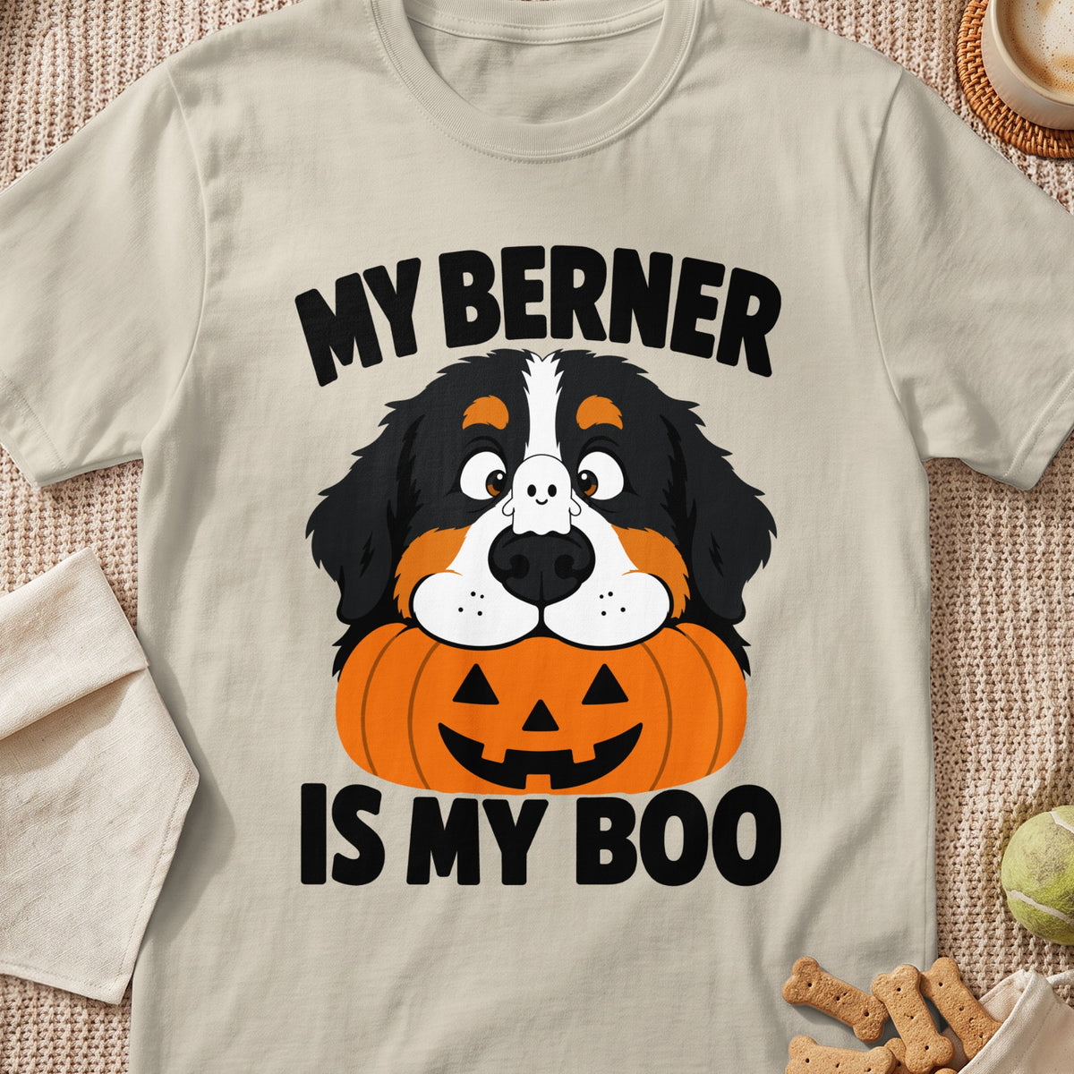 Bernese Mountain Dog wearing a ghost and holding a jack-o-lantern, text "MY BERNER IS MY BOO".
