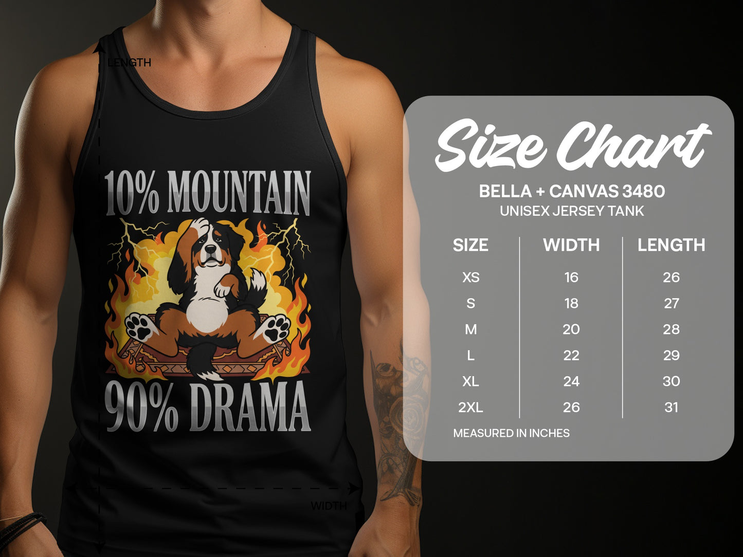 Black tank top with text "10% MOUNTAIN 90% DRAMA" and a dog graphic.