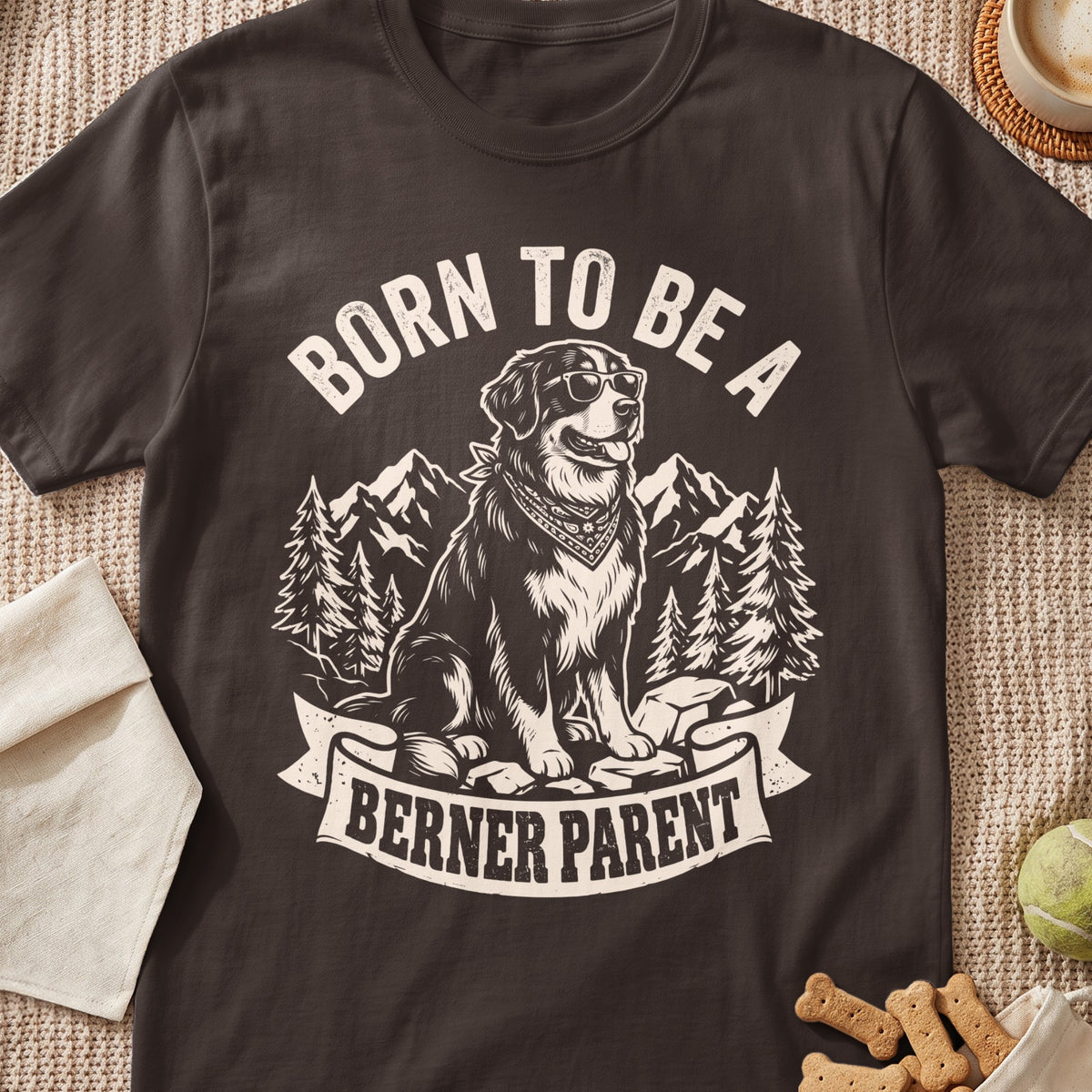Bernese Mountain Dog wearing sunglasses and bandana, text "Born to be a Berner Parent".