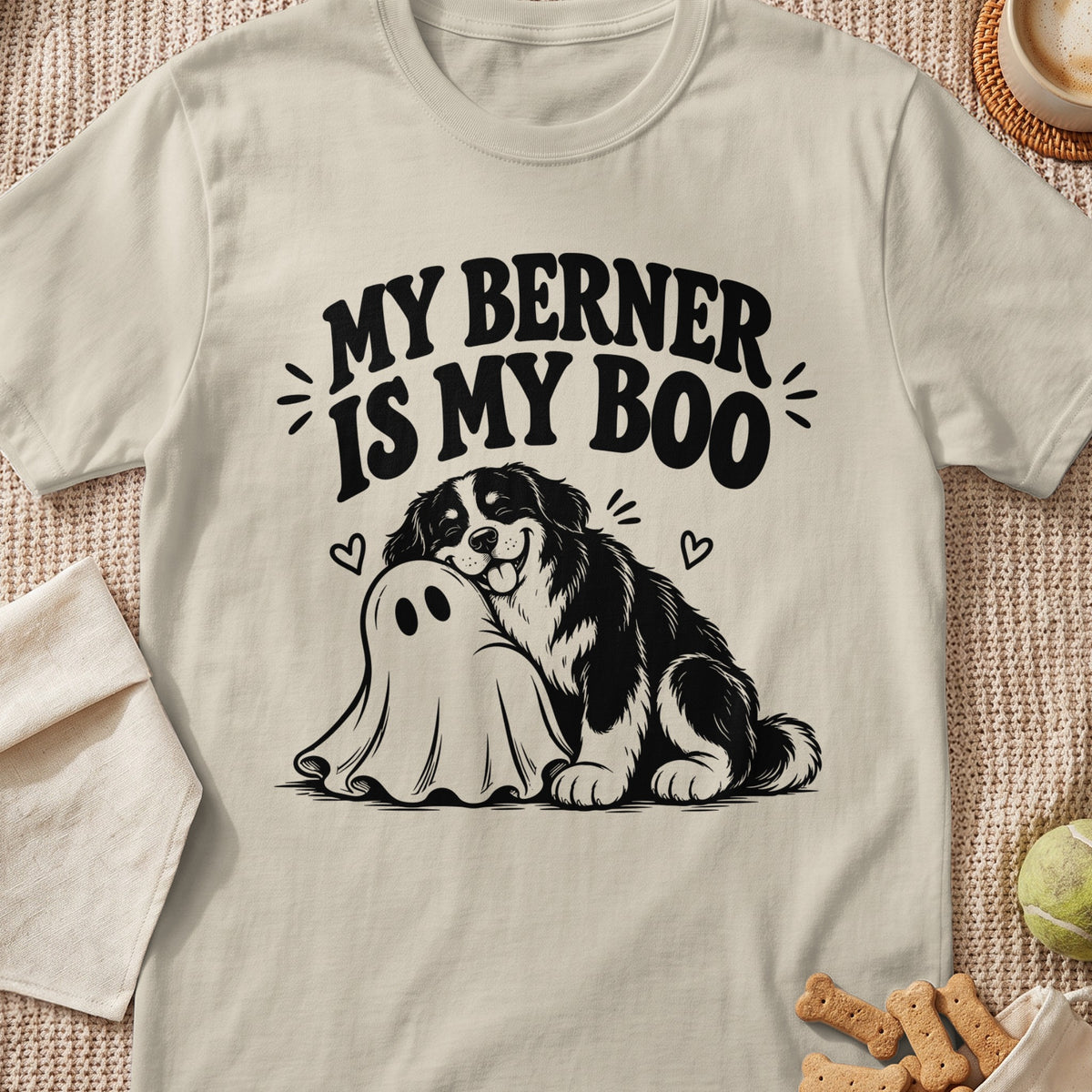 Berner dog hugging a ghost with text "My Berner is my Boo".