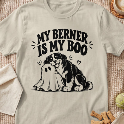 Berner dog hugging a ghost with text "My Berner is my Boo".