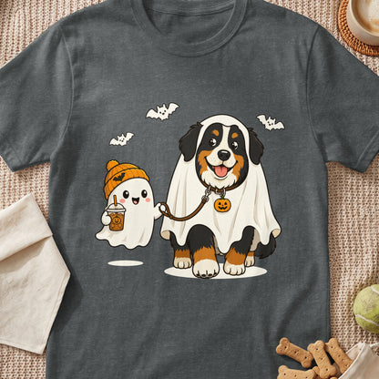 Bernese Mountain Dog and ghost in Halloween costumes with bats and pumpkin details.