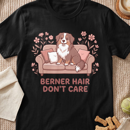 Black t-shirt with cartoon dog on sofa and text "Berner Hair Don't Care."
