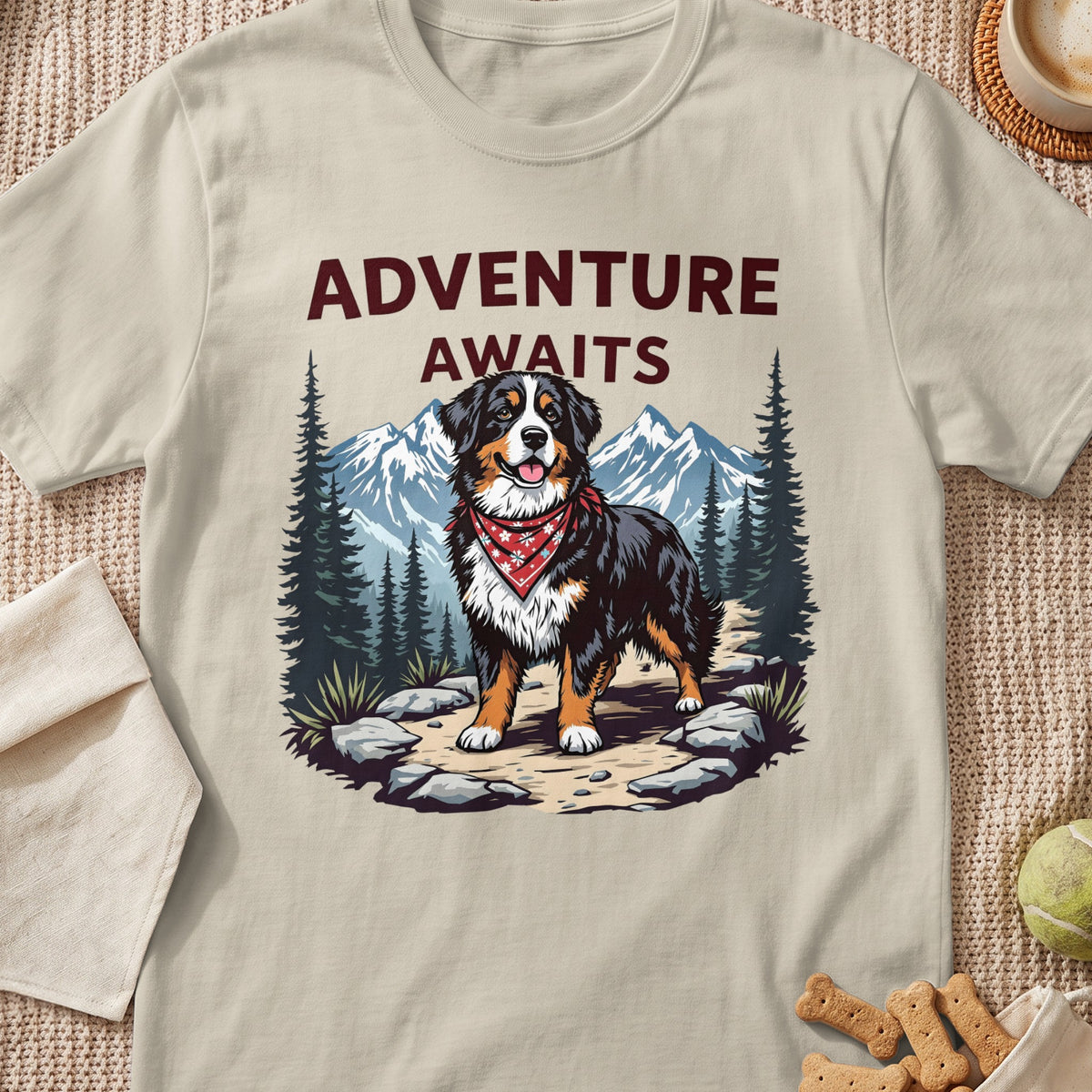 Bernese Mountain Dog wearing a bandana with "ADVENTURE AWAITS" text on a mountain path.